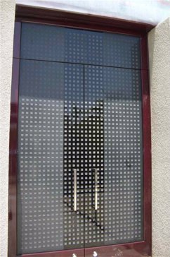 Handcrafted Etched Glass Interior Insert by Sans Soucie Art Glass with Custom Geometric Design Called Squares Creating Semi-Private