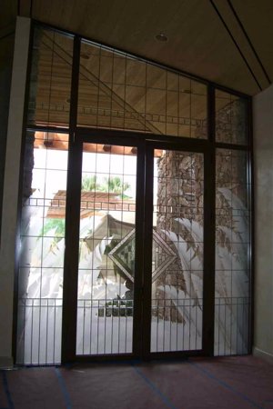 Door Glass Insert with a sandblast Frosted Glass Tropical Design Custom-Designed Decorative Etched Glass