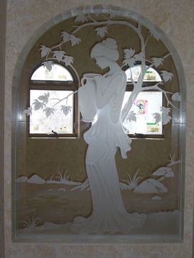 Art Glass Window Featuring Sandblast Frosted Glass by Sans Soucie for Semi-Private with Art Deco Fair Maiden Design