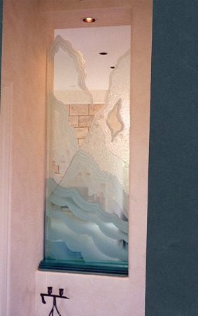 Partition showcasing a Frosted Glass Abstract Design with Sandblast Etched Glass Art by Sans Soucie Rugged Retreat Design