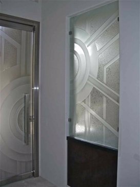 Window with a Frosted Glass Sun Odyssey IX Geometric Design for Semi-Private by Sans Soucie Art Glass