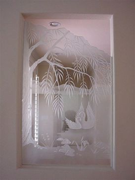Handmade Sandblasted Frosted Glass Window for Semi-Private Featuring a Wildlife Design Swan Song by Sans Soucie