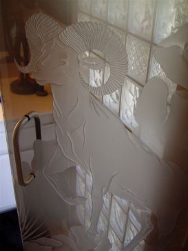Handmade Sandblasted Frosted Glass Shower Enclosure for Semi-Private Featuring a Wildlife Design Bighorn by Sans Soucie