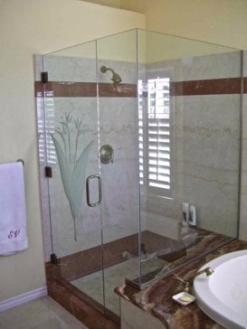 Handmade Sandblasted Frosted Glass Shower Enclosure for Semi-Private Featuring a Tropical Design Bird of Paradise by Sans Soucie