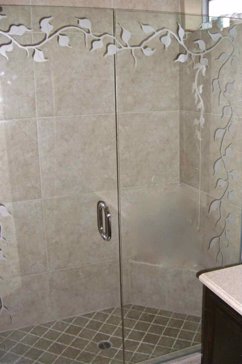 Art Glass Shower Enclosure Featuring Sandblast Frosted Glass by Sans Soucie for Semi-Private with Foliage Elegant Vines Design