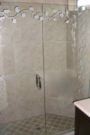 Shower Enclosure with sandblast Frosted Glass Design Art Glass Featuring Sandblast Etched Glass by Sans Soucie