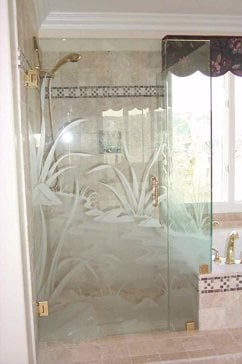 Handcrafted Etched Glass Shower Enclosure by Sans Soucie Art Glass with Custom Foliage Design Called Flowing Streams Creating Semi-Private