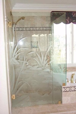 Shower Enclosure featuring Frosted Glass Design Etched Glass by Sans Soucie Art Glass with Custom Foliage Design Flowing Streams