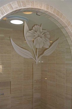 Shower Enclosure with Frosted Glass Tropical Hibiscus II Design by Sans Soucie