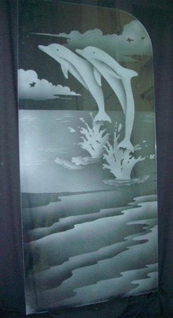 Shower Door with a sandblast Frosted Glass Oceanic Design Custom-Designed Decorative Etched Glass