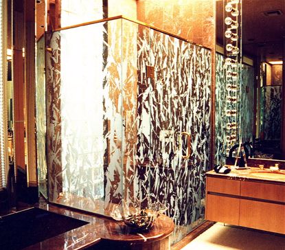 Shower Enclosure with a Frosted Glass Spatter Patterns Design for Not Private by Sans Soucie Art Glass