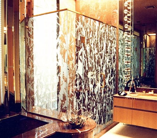 Shower Enclosure with a Frosted Glass Spatter Patterns Design for Semi-Private by Sans Soucie Art Glass