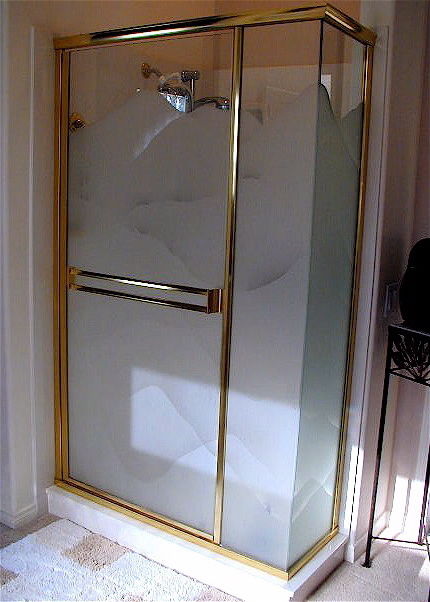 Framed corner shower enclosure with frosted glass hills design for privacy and decorative style