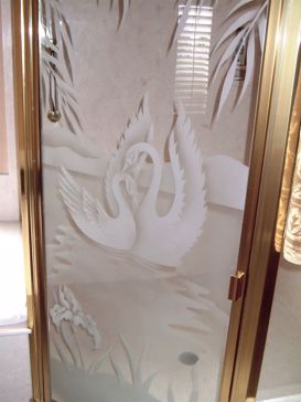 Handmade Sandblasted Frosted Glass Shower Enclosure for Semi-Private Featuring a Wildlife Design Swan Song by Sans Soucie