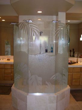 Shower Enclosure with Frosted Glass Tropical Tropical Ferns Design by Sans Soucie