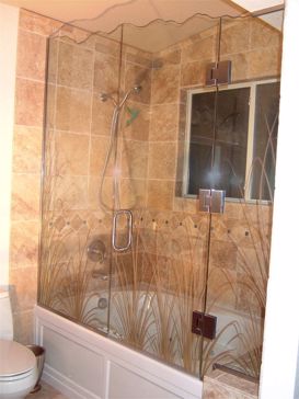 Shower Enclosure with Frosted Glass Foliage Wispy Reeds Design by Sans Soucie