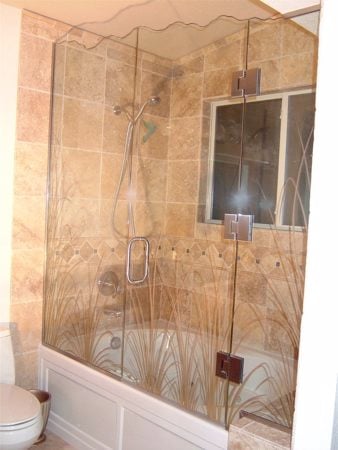 Shower Enclosure with Frosted Glass Foliage Wispy Reeds Design by Sans Soucie