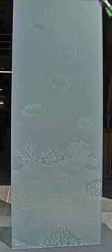 Private Shower Panel with Sandblast Etched Glass Art by Sans Soucie Featuring Tropical Fish Oceanic Design