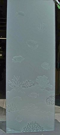 Shower Partition showcasing a Frosted Glass Oceanic Design with Sandblast Etched Glass Art by Sans Soucie Tropical Fish Design