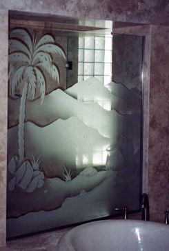 Art Glass Window Featuring Sandblast Frosted Glass by Sans Soucie for Semi-Private with Palm Trees Date Palm Single High Mountains Design
