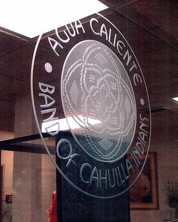 Glass Sign showcasing a Frosted Glass Logos Design with Sandblast Etched Glass Art by Sans Soucie Agua Caliente (similar look) Design