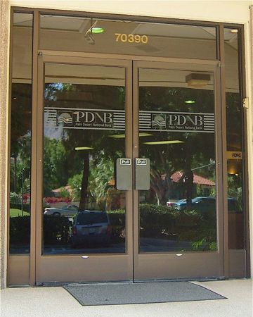 Interior Glass Insert showcasing a Frosted Glass Logos Design with Sandblast Etched Glass Art by Sans Soucie Palm Desert National Bank (similar look) Design