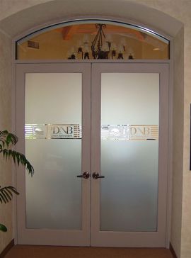 Semi-Private Interior Insert with Sandblast Etched Glass Art by Sans Soucie Featuring Palm Desert National Bank (similar look) Logos Design