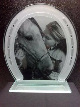 Handcrafted Etched Glass Glass Plaque Award by Sans Soucie Art Glass with Custom Wildlife Design Called Girl and Her Horse (similar look) Creating Semi-Private