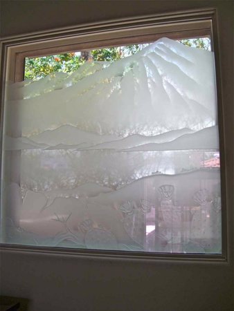 Window featuring Frosted Glass Design Etched Glass by Sans Soucie Art Glass with Custom Desert Design Pear Cactus Scene