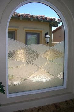 Semi-Private Window with Sandblast Etched Glass Art by Sans Soucie Featuring Abstract Hills Smooth Abstract Design