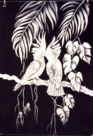 Window featuring Frosted Glass Design Etched Glass by Sans Soucie Art Glass with Custom Tropical Design Cockatoos