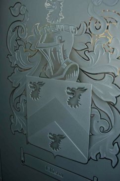 Art Glass Interior Insert Featuring Sandblast Frosted Glass by Sans Soucie for Semi-Private with Traditional Family Crest Ellison Design