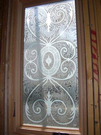 Window with a sandblast Frosted Glass Wrought Iron Design Custom-Designed Decorative Etched Glass