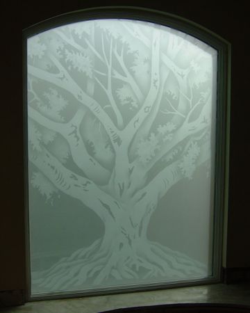 Window with a sandblast Frosted Glass Tree Design Custom-Designed Decorative Etched Glass