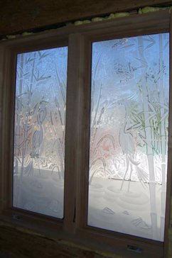 Window with a Frosted Glass Wading Egrets Wildlife Design for Semi-Private by Sans Soucie Art Glass