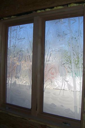Window with a Frosted Glass Wading Egrets Wildlife Design for Semi-Private by Sans Soucie Art Glass