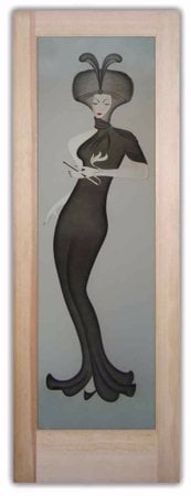 Front Door showcasing a Frosted Glass Art Deco Design with Sandblast Etched Glass Art by Sans Soucie Hillis Furs Puff Design