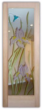 Handmade Sandblasted Frosted Glass Interior Door for Not Private Featuring a Floral Design Iris Hummingbird by Sans Soucie
