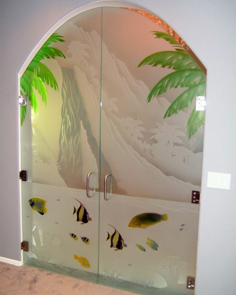 Custom Frameless Glass Doors with frosted designs.