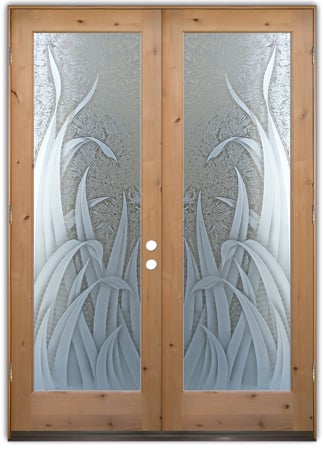 Interior Door featuring Frosted Glass Design Etched Glass by Sans Soucie Art Glass with Custom Foliage Design Reeds