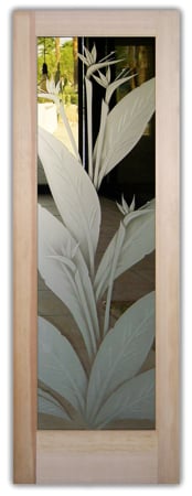 Interior Door featuring a Frosted Glass Tropical Design Sandblast Etched Glass Bird of Paradise Design by Sans Soucie