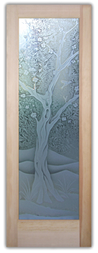 Handcrafted Etched Glass Interior Door by Sans Soucie Art Glass with Custom Asian Design Called Cherry Blossom III Creating Semi-Private
