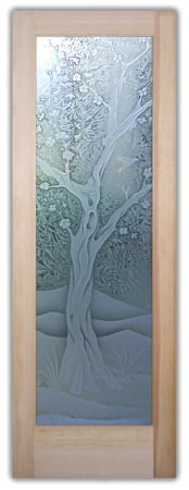 Interior Door featuring Frosted Glass Design Etched Glass by Sans Soucie Art Glass with Custom Asian Design Cherry Blossom III