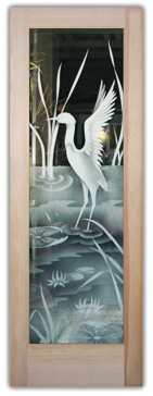 Semi-Private Front Door with Sandblast Etched Glass Art by Sans Soucie Featuring Cranes A Wildlife Design