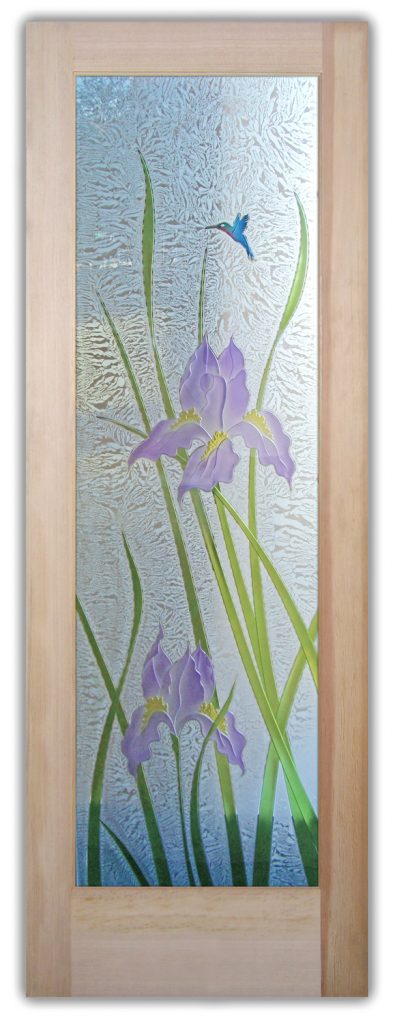 High-end single front door with glass Iris Hummingbird 3D carved and shaded painted, Gluechip finish