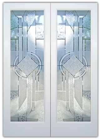 Interior Door featuring a Frosted Glass Traditional Design Sandblast Etched Glass Matrix Chardonnay Design by Sans Soucie