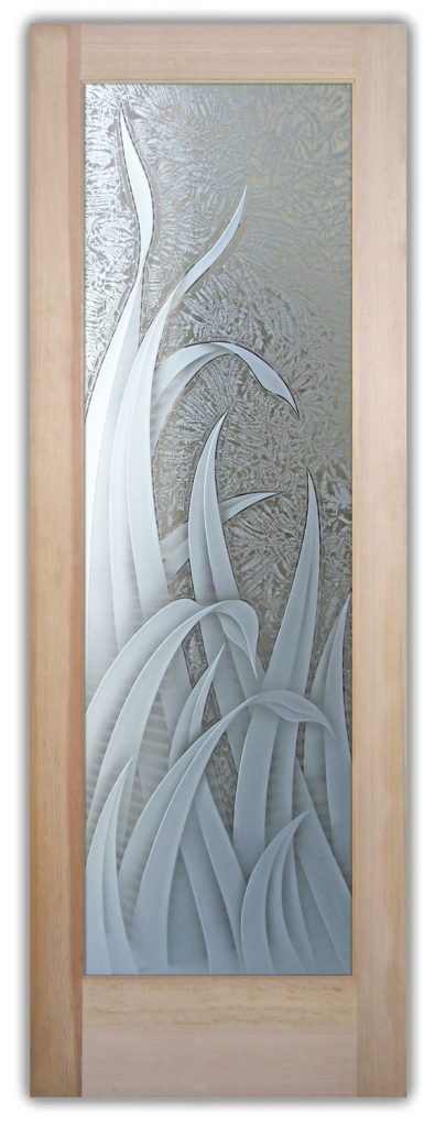 carved glass door with flowing reeds design, 3D etched glass with textured gluechip background
