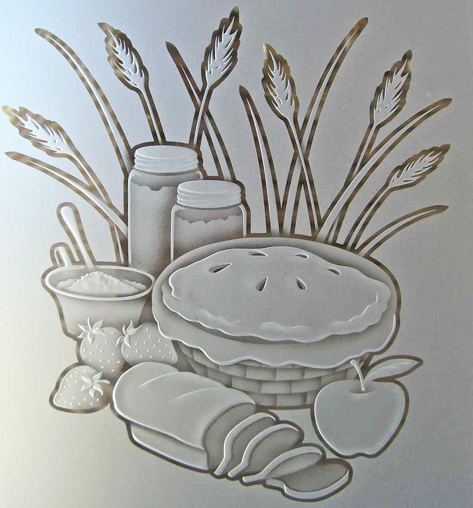 Close-up of Apple Pie farmhouse pantry door design, featuring 3D carved frosted glass with pie, bread, strawberries, jars, and wheat detailing.
