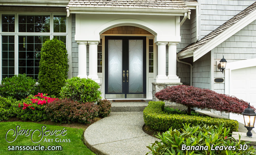 front doors with glass etched leaves