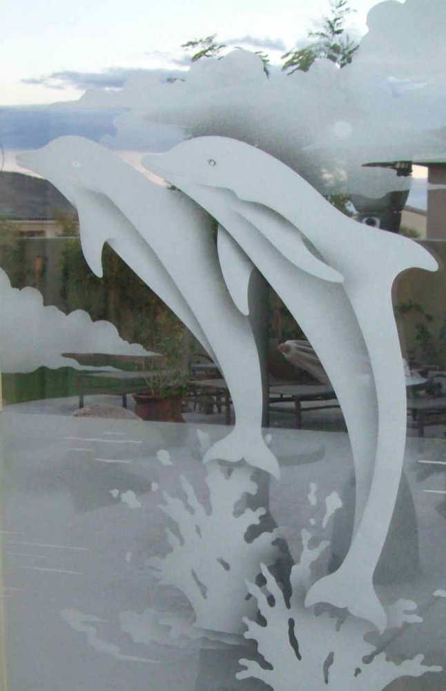 Glass Entry Doors etched glass dolphins
